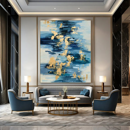 “Blue - Gold Fluid Reflections” - Blue, White & Gold Abstract Water - Inspired Painting On Canvas DKH0931