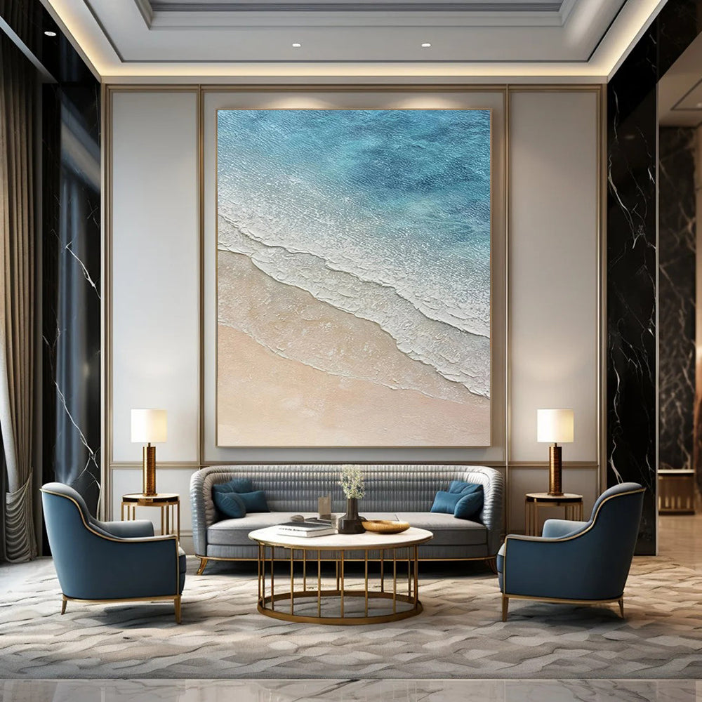 “Blue, White, Beige Coastal Waves ‘Seaside Serenity’” - Realistic Textured Landscape Painting On Canvas DTP314