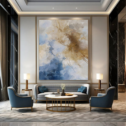 “Blue & Beige Abstract Clouds” - Blue, Beige & White Airy Painting On Canvas DKH1020