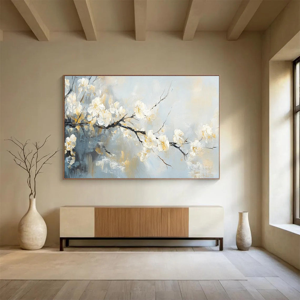 “Soft - Hued Blossom Branch” - Delicate Floral Painting On Canvas DKH805