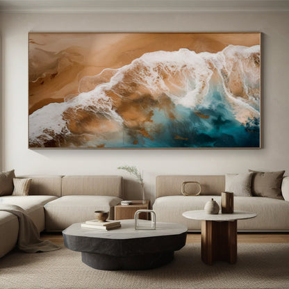 Blue, Beige & White Ocean Waves, “Seaside Rhapsody” - Fluid Acrylic Seascape Painting CT0766
