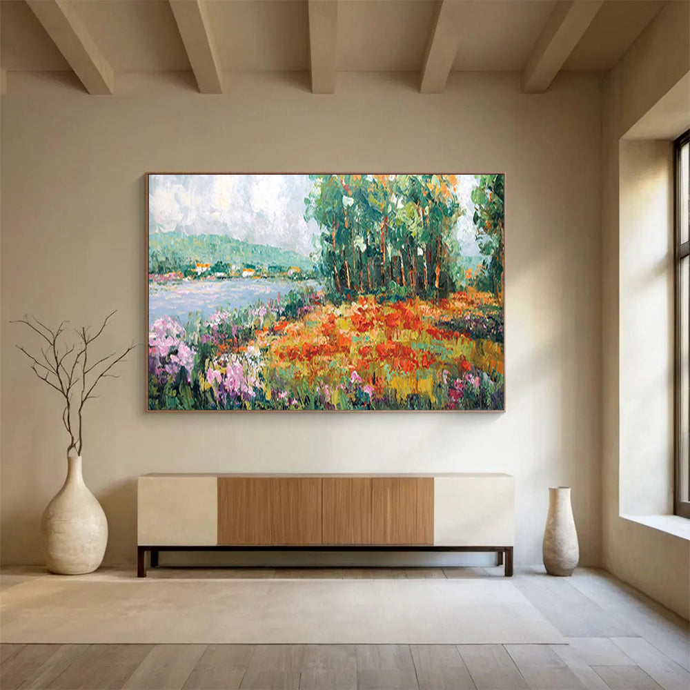 Colorful Riverbank Flowers - Impressionist Landscape Painting On Canvas DLZ228