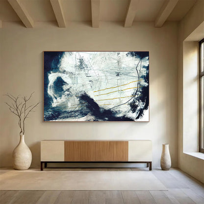 “Blue - White Abstract with Yellow Accents” Abstract Expressionist Painting On Canvas DLZ141