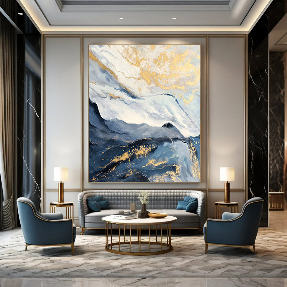 “Blue - Gray Mountain with Gold Streaks” - Blue, Gray & Gold Abstract Landscape Painting On Canvas DKH0943