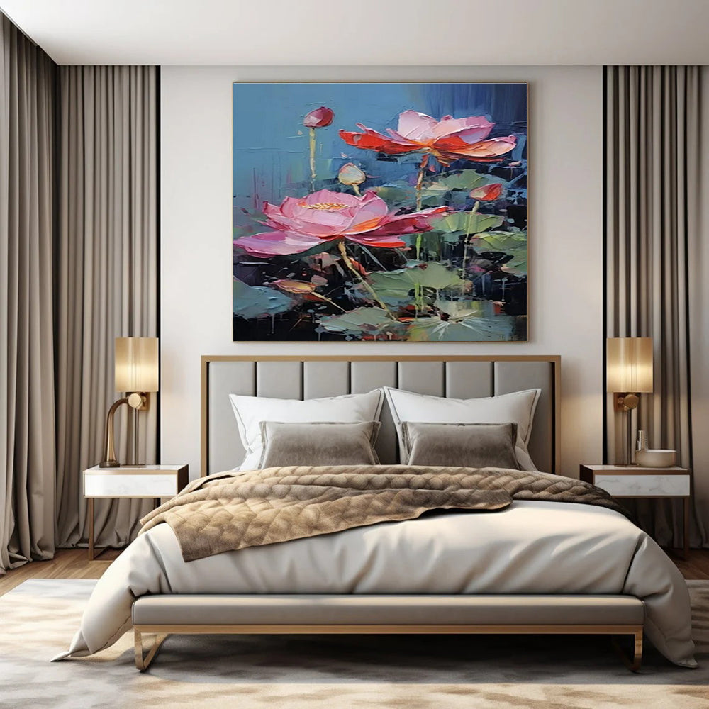 Pink & Red Lotuses, Textured Petals - "Lotus Rhapsody" - Impasto Oil Painting CT1436