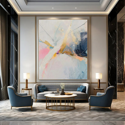 “Pastel, Gold & Blue Abstract Line Burst” Painting On Canvas DKH0995
