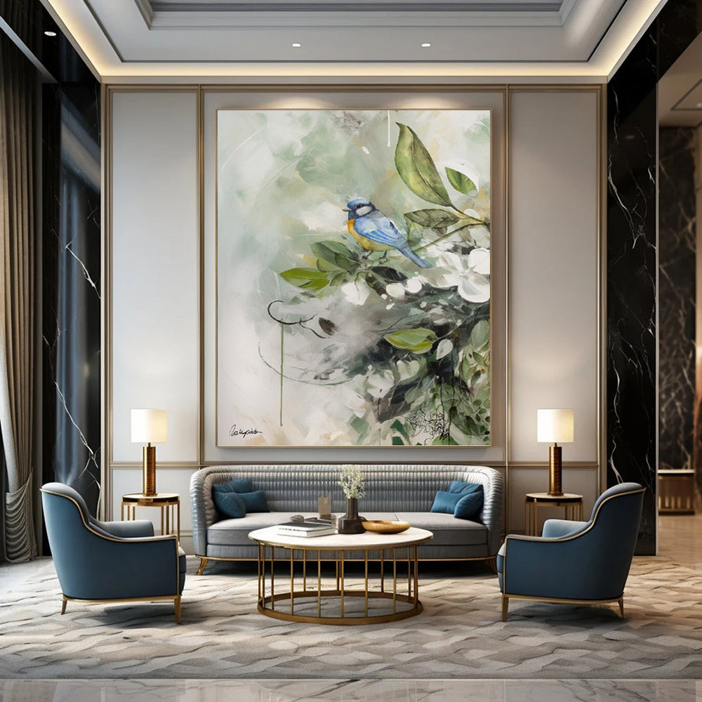 “Blue and Yellow Bird on a Branch” - Nature - Inspired Watercolor Painting On Canvas DKH1085