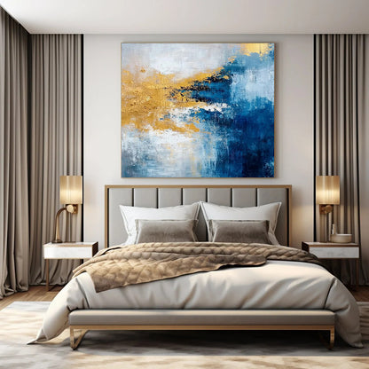 “Blue, Gold, White Colliding Waves” – Vibrant Abstract Art CT1009