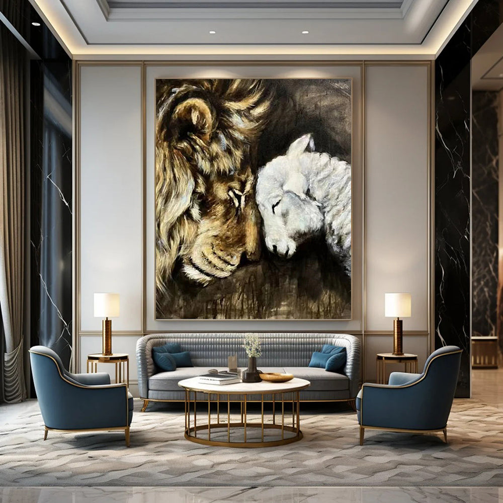 Lion and Lamb in Harmony - Wildlife Painting On Canvas DKH1452