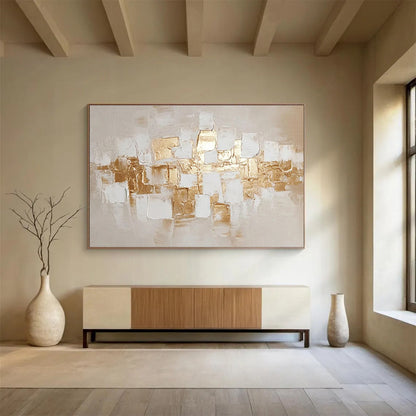 “Gold - White Cubic Textures” Abstract Impasto Painting On Canvas DKH524