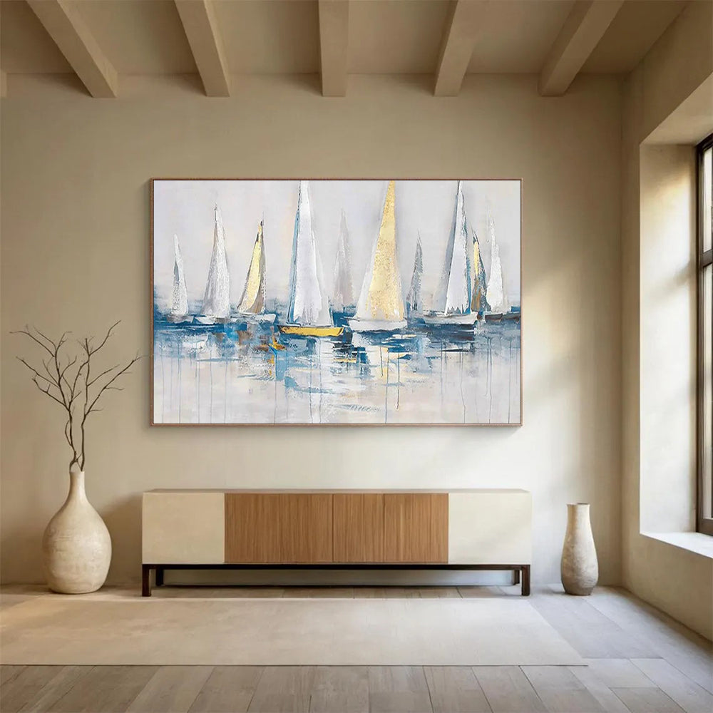 “Sailing in Style” - White, Gold & Blue Nautical Painting On Canvas DLZ257