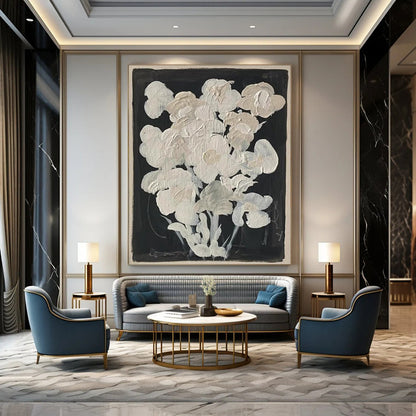 “White Flowers on Black” - Minimalist Floral Painting On Canvas DTP140