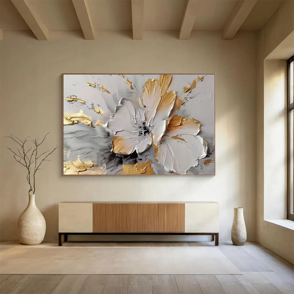 Gold - Accented White Flower in Relief Painting On Canvas DKH677
