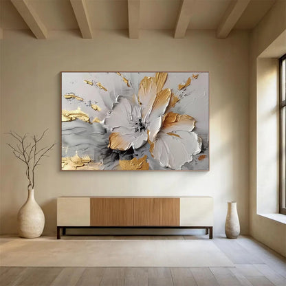 Gold - Accented White Flower in Relief Painting On Canvas DKH677