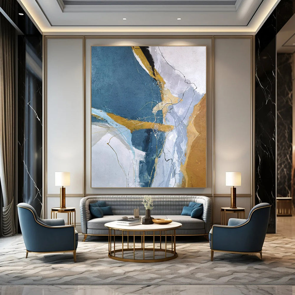 “Blue, Gold & White Linear Abstract” - Abstract Painting On Canvas CT2332