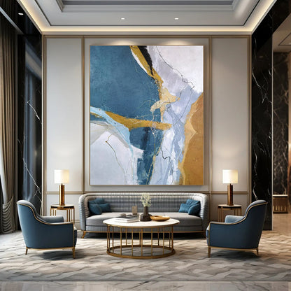 “Blue, Gold & White Linear Abstract” - Abstract Painting On Canvas CT2332