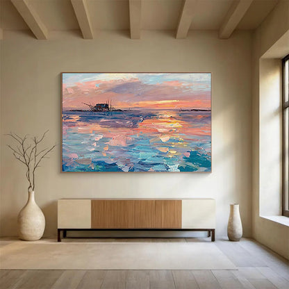 Sunset Over the Fishing Village - Impressionist Seascape Painting On Canvas DLZ205