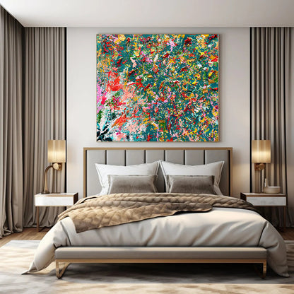 Vivid Color Splash on Teal - Abstract Expressionist Painting CT1220