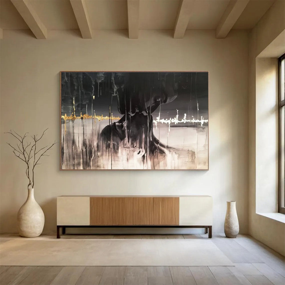 Dark Abstract Figure - Black, White & Gold Figurative Painting On Canvas DKH900