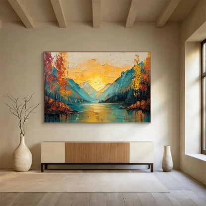 “Autumn Mountain Lake - Warm Gold & Cool Teal Landscape Painting On Canvas” DKH861