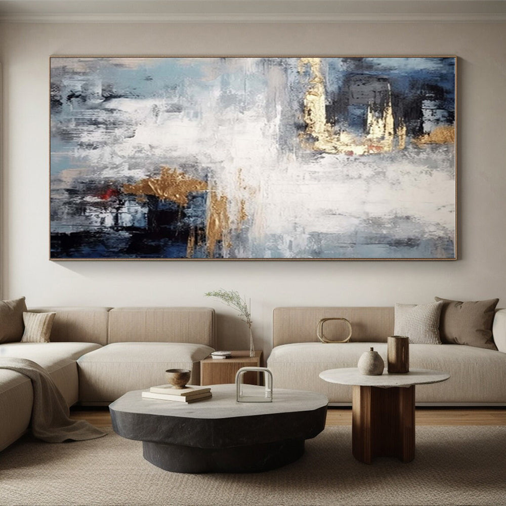 “Muted Blues, Grays, and Gleaming Gold Accents” - “Midnight Echoes”，Abstract Oil Painting CT0696