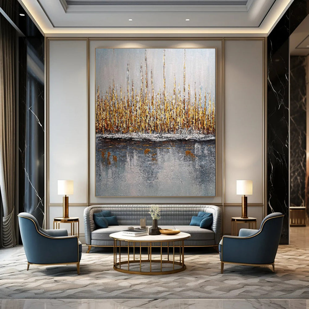 “Golden Reeds by Gray Water” – Landscape Oil Painting On Canvas CT2103
