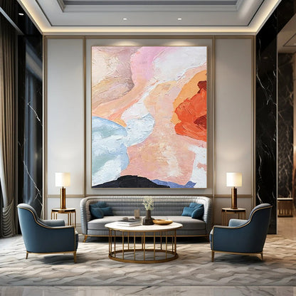 “Soft - Toned Abstraction” - Pink, Blue, Peach Gentle Shapes Painting On Canvas DTP275