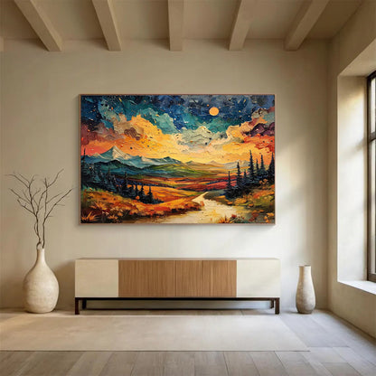 “Vibrant Mountain Sunset”：Colorful Impasto Landscape Painting On Canvas DKH252