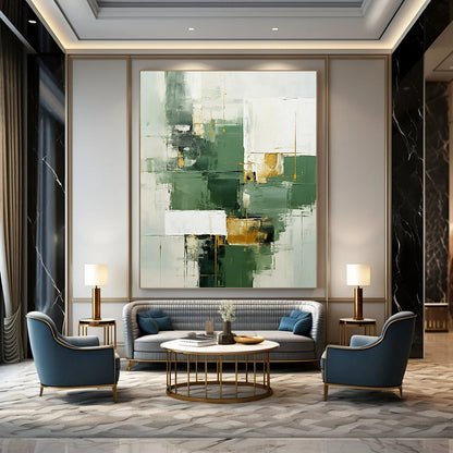 Green, White & Gold Geometric Abstract - Geometric Abstract Painting On Canvas CT2290