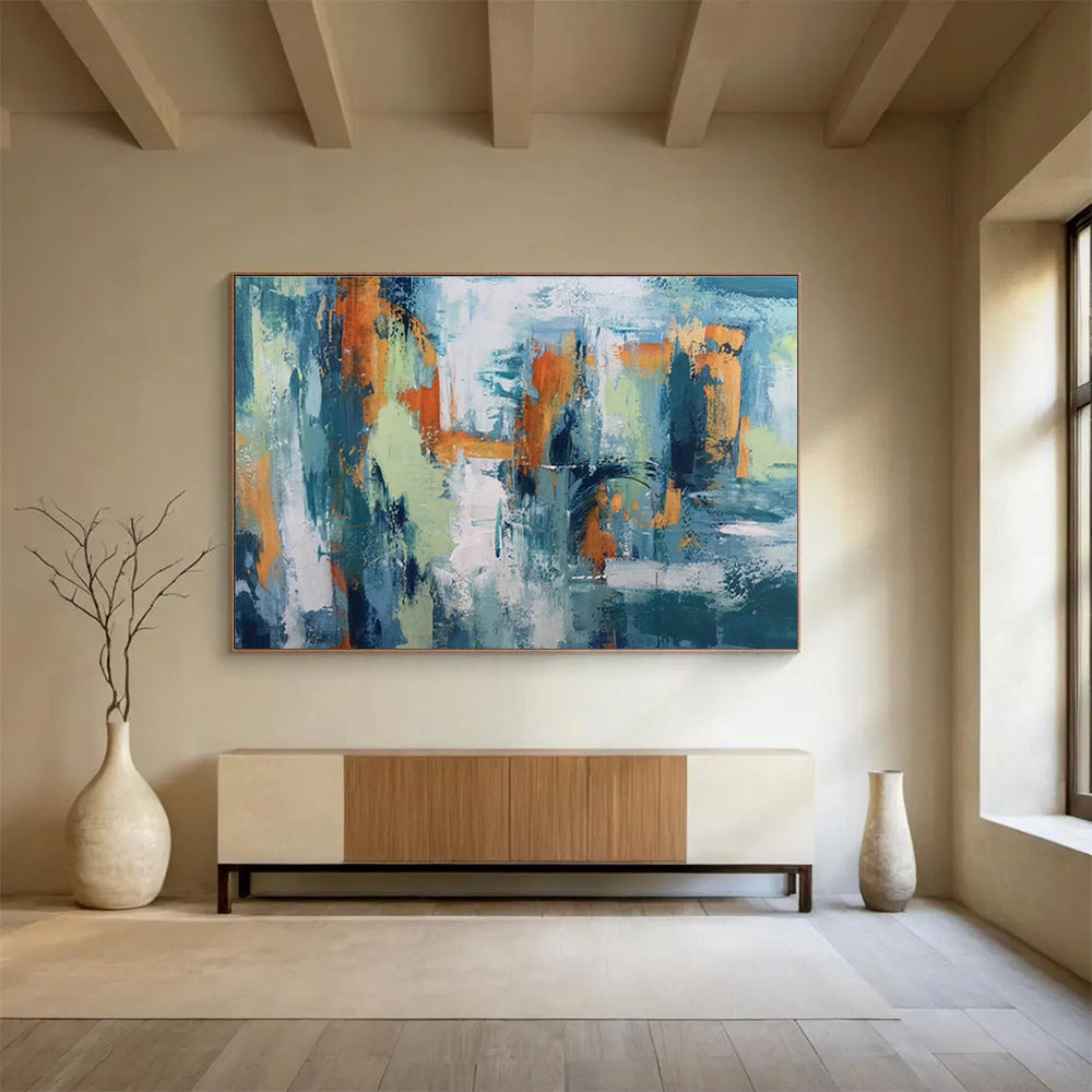 Abstract Cityscape in Teal and Orange Painting On Canvas DKH295
