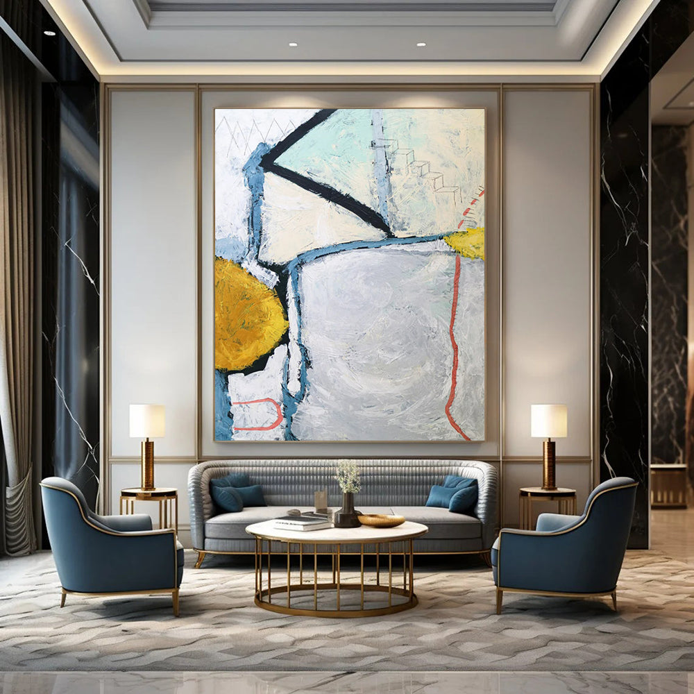 “Geometric Abstract - Blues, Greens, and Subtle Narratives” Painting On Canvas CT2392