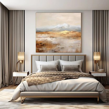 Golden Desert and Snowy Peaks - Abstract Landscape Oil CT1219