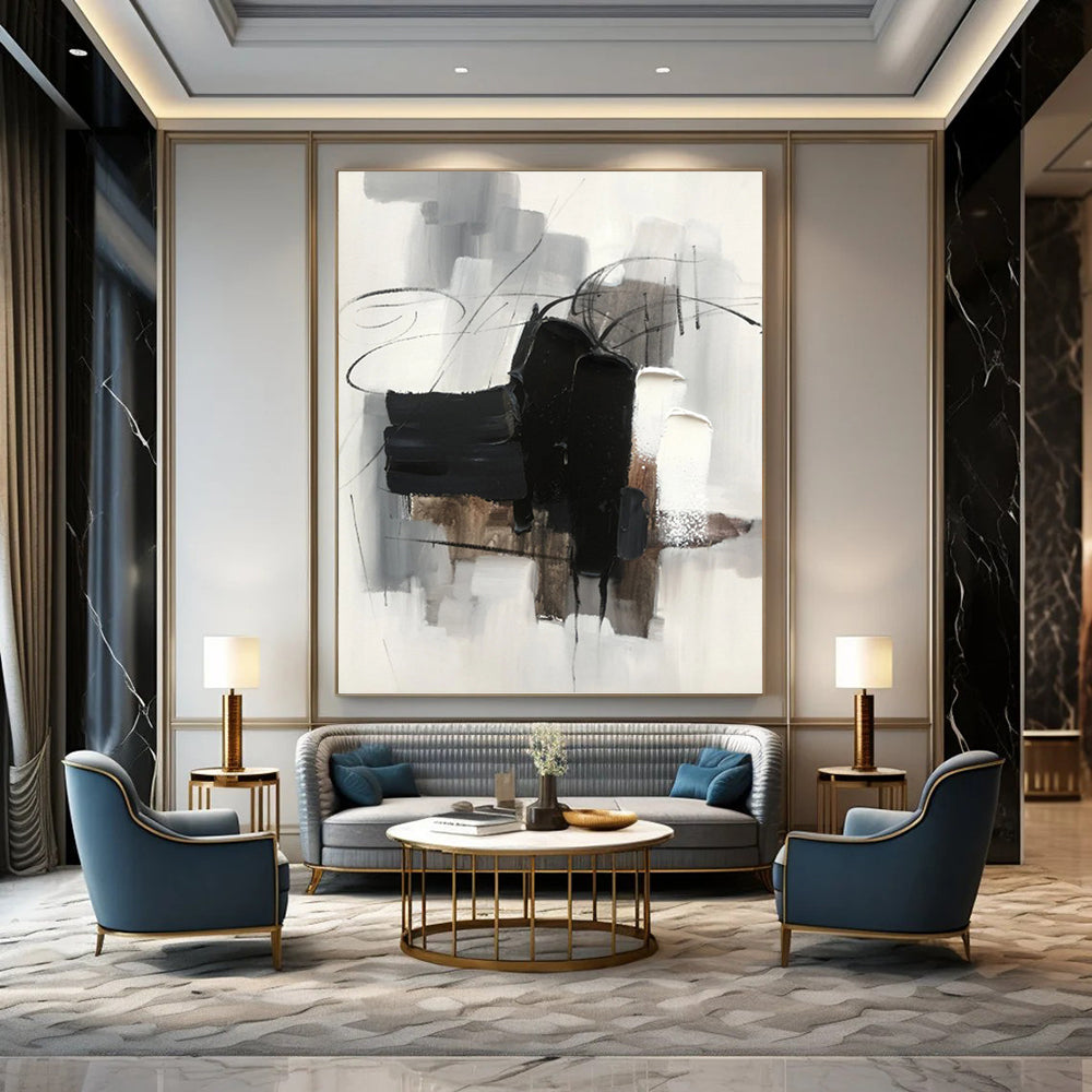 Black, Gray, and White Abstraction - Abstract Expressionist Painting On Canvas DKH1275