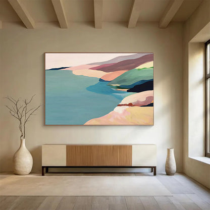 “Pastel Coastal Ridges” - Soft Pink, Blue, Green Minimalist Landscape Painting On Canvas DKH741