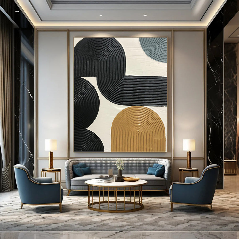 “Interlocking Ribbon Forms” - Black & Tan Textured Geometric Painting On Canvas DKH1178