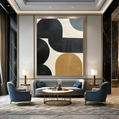“Interlocking Ribbon Forms” - Black & Tan Textured Geometric Painting On Canvas DKH1178