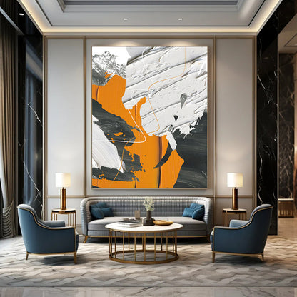 “Dynamic Forms” - Orange, White, Gray & Black Abstract Lines Painting On Canvas DKH1528