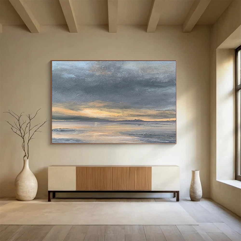 “Gray, Orange, Sunset Shore ‘Golden Dusk’” - Impressionist Seascape Painting On Canvas DLZ023