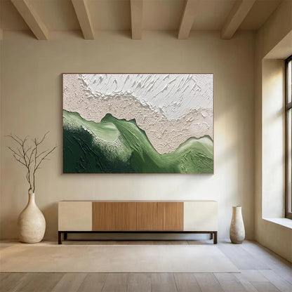 Abstract Green Mountains - Beige & Green Textured Landscape Painting On Canvas DKH874