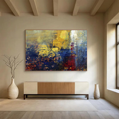 “Golden Dusk Abstraction” - Gold, Blue, Red Abstract Oil Painting On Canvas DKH722