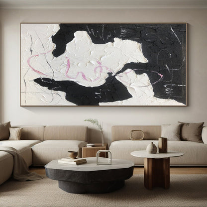 Black, White & Pink Textured Forms, “Playful Chaos” - Impasto Abstract Painting CT0773