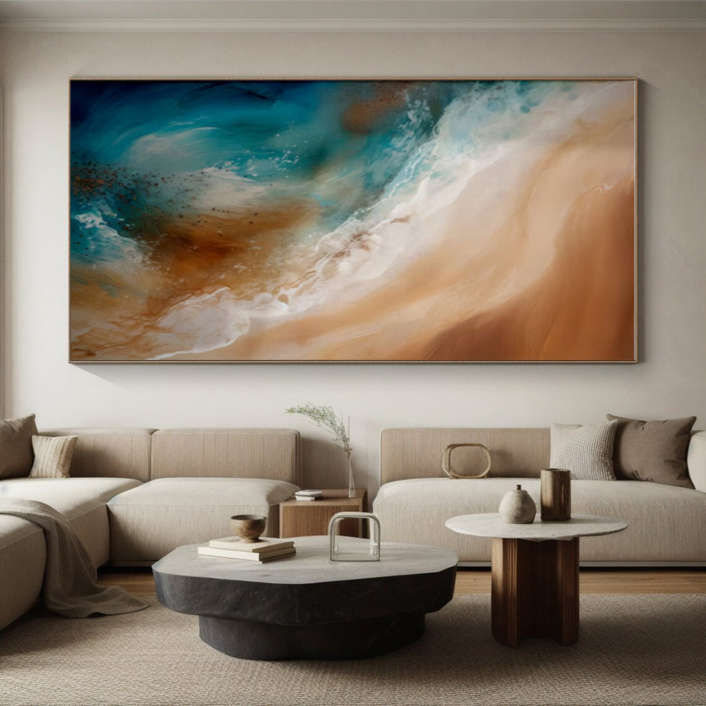 Blue, Beige & White Ocean Waves, “Coastal Flow” - Fluid Acrylic Seascape Painting CT0765
