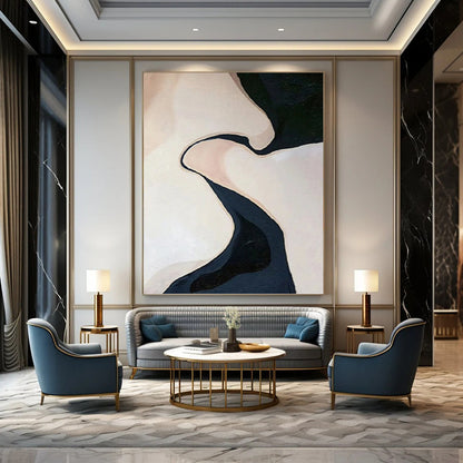 “Abstract Curved Forms in Beige and Dark Blue” - Organic - Inspired Painting On Canvas DKH1120