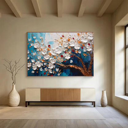 Textured White Flower Tree - White, Orange, Red & Blue Floral Painting On Canvas DKH888