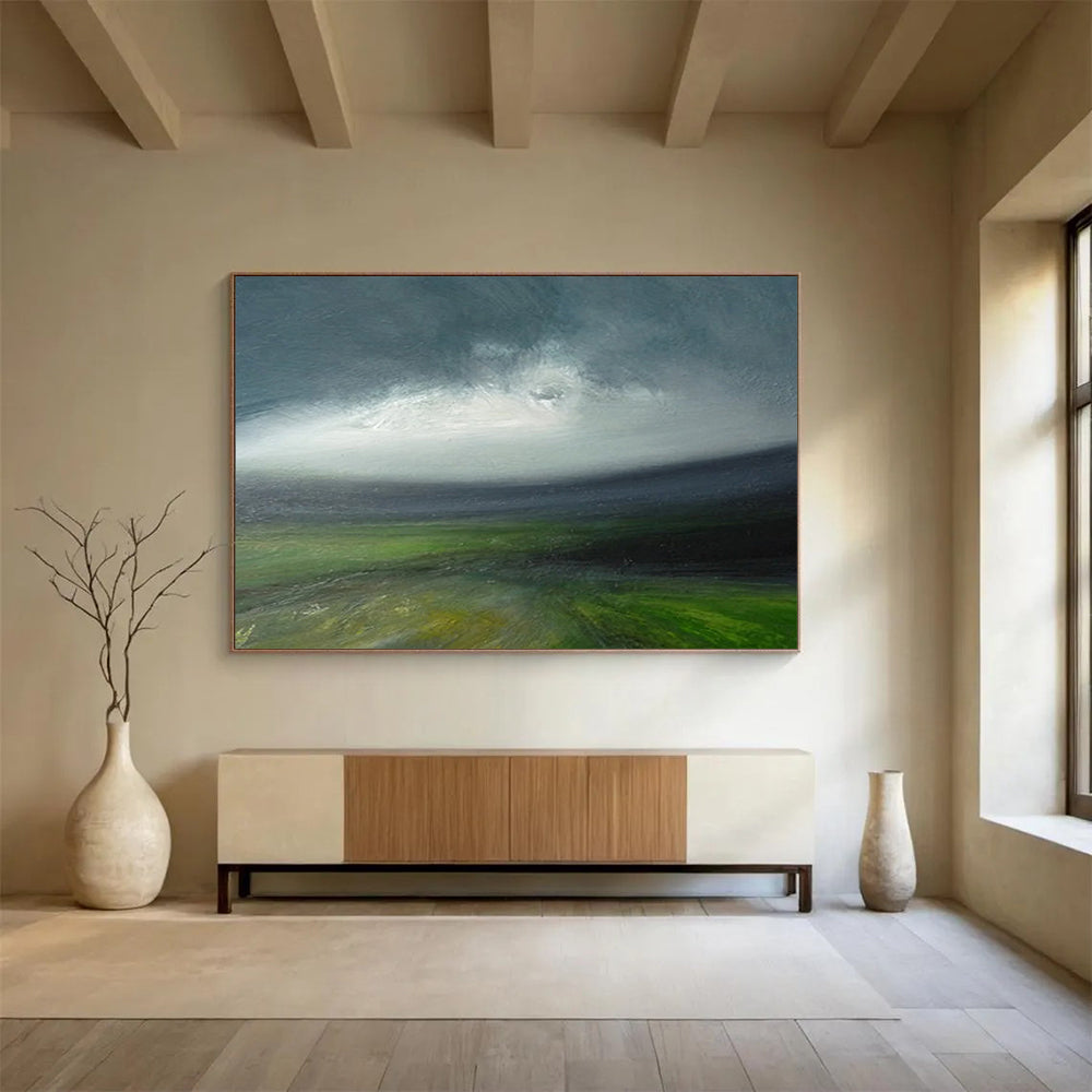 “Green, Gray, Stormy Field ‘Tempestuous Land’” - Impressionist Landscape Painting On Canvas DLZ029