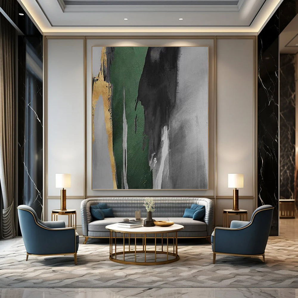 “Green - Gray - Gold Bold Strokes” - Green, Gray & Gold Abstract Expressionist Painting On Canvas DKH0932