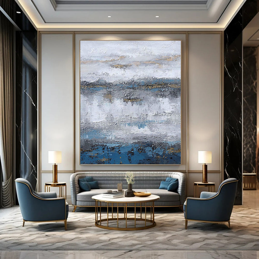 “Gray - Blue - Gold Textured Abstract Landscape” Painting On Canvas DKH1226
