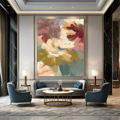 Blush and Teal Floral Dream - Ethereal Flower Painting On Canvas DKH1353
