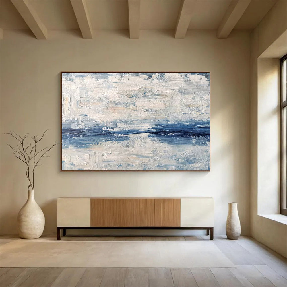 “Textured Blue - White Abstract Sea” - Impasto Seascape Painting On Canvas DKH791
