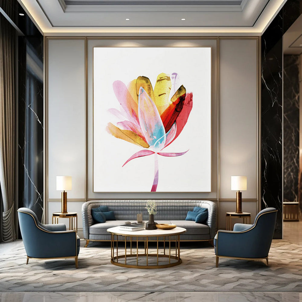 “Vibrant Watercolor Flower” - Pink, Yellow, Blue Watercolor Painting On Canvas DTP215